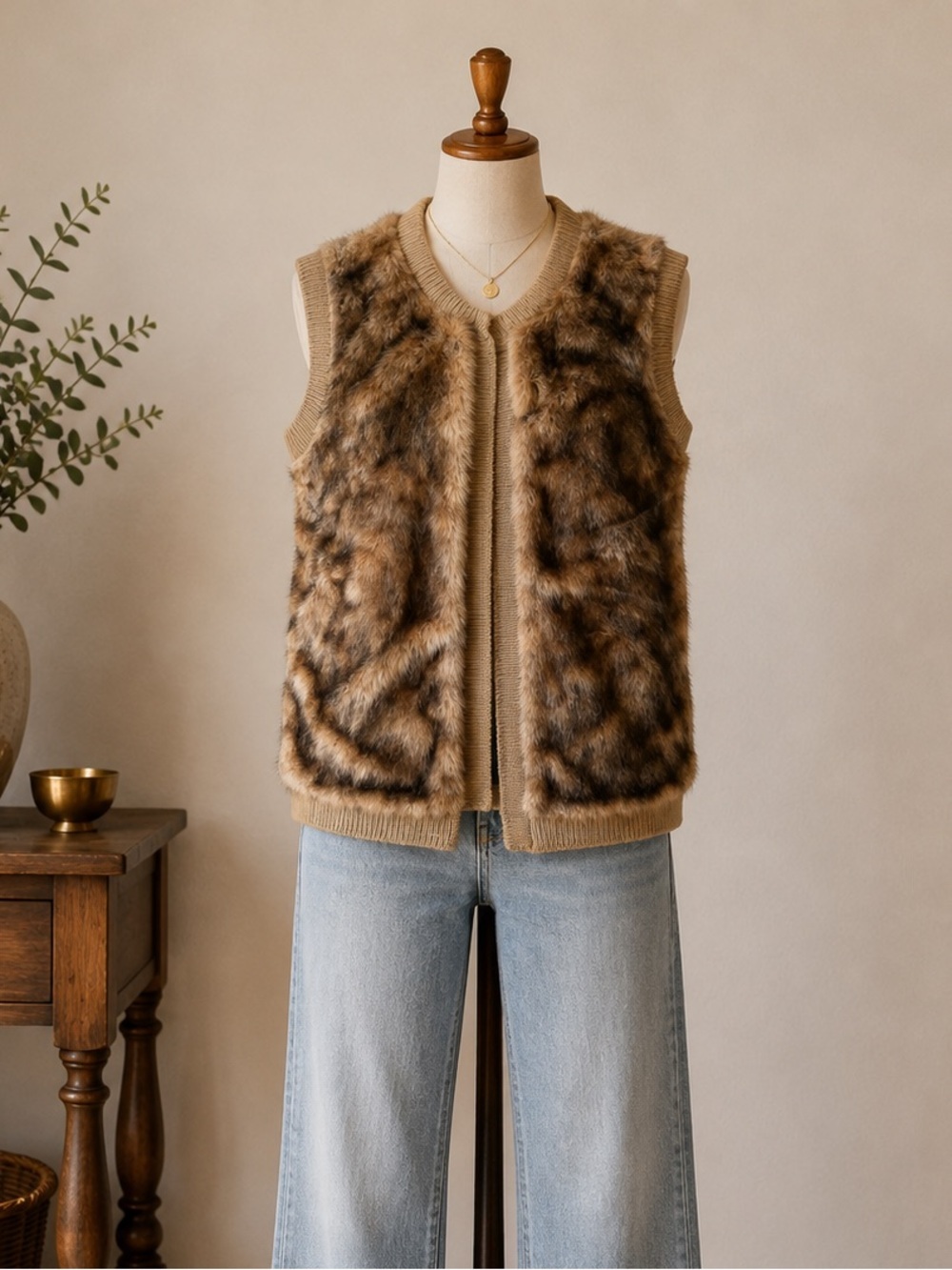 Twik Simons Brown Faux Fur Knit Sweater Vest Cozy Open Front Cabin Core Size S